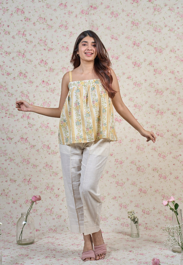 Ivy Yellow Sanganeri Mul Cotton A Line Short Top
