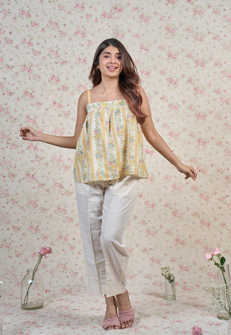 Ivy Yellow Sanganeri Mul Cotton A Line Short Top