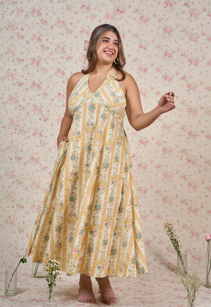 Ivy Yellow Sanganeri Mul Cotton A Line Dress