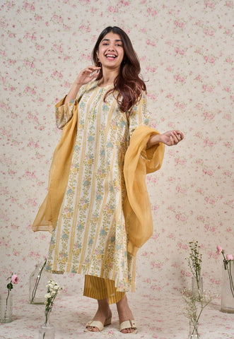 Ivy Yellow Sanganeri Mul Cotton Jhabbha Kali Kurta with Embroidery