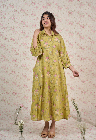 Lily Green Sanganeri Mul Cotton A Line Dress