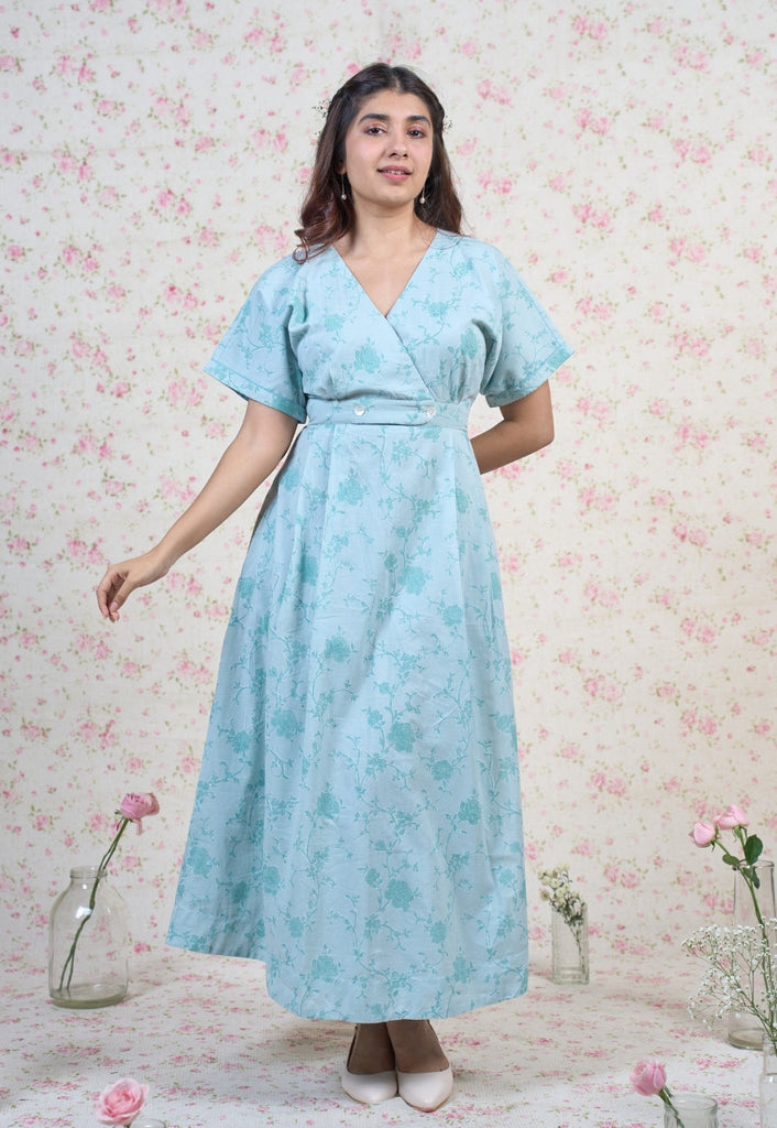 Clara Blue Sanganeri Mul Cotton A Line Dress