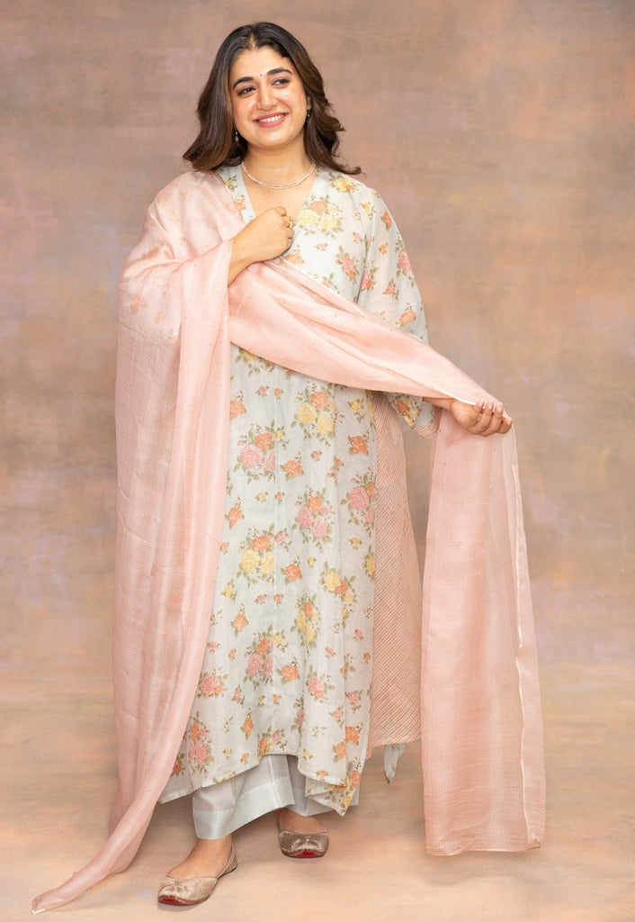 Rosalie Blue Sanganeri Chanderi Silk A Line Kurta with Hand Embroidery and Slip