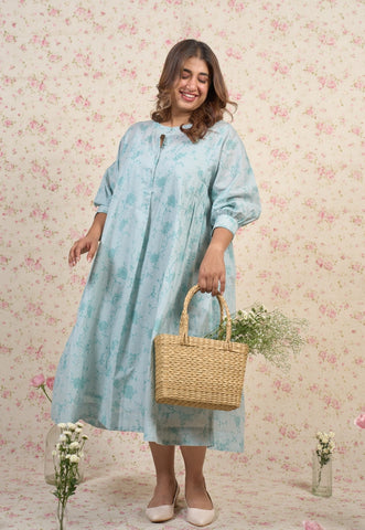 Clara Blue Floral Sanganeri Mul Cotton A Line Dress