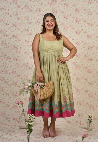 Fleur Green Sanganeri Mul Cotton A Line Dress