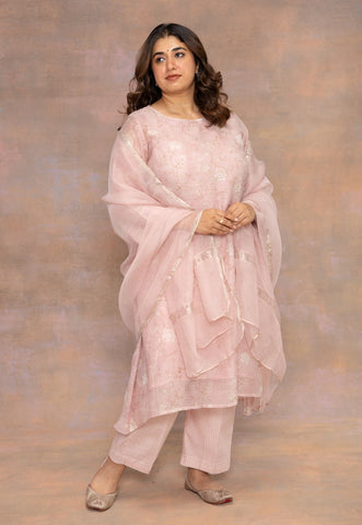 Rose Pink Sanganeri Chanderi Silk A Line Kurta with Mukaish Detailing