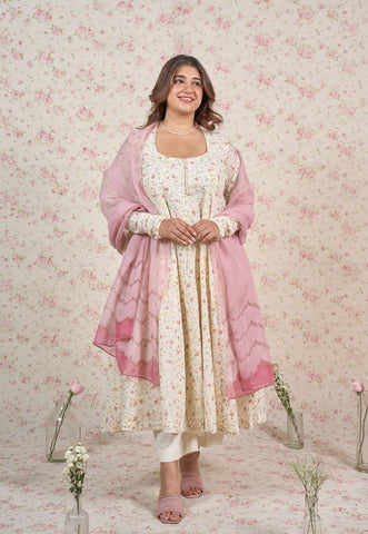 Tira White Sanganeri Mul Cotton Kali Kurta