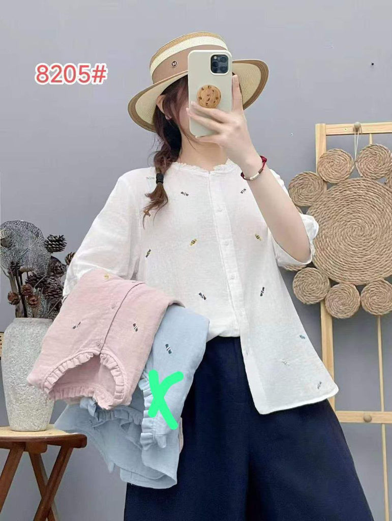 Bee Embroidered Casual Linen Shirt