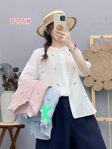 Bee Embroidered Casual Linen Shirt